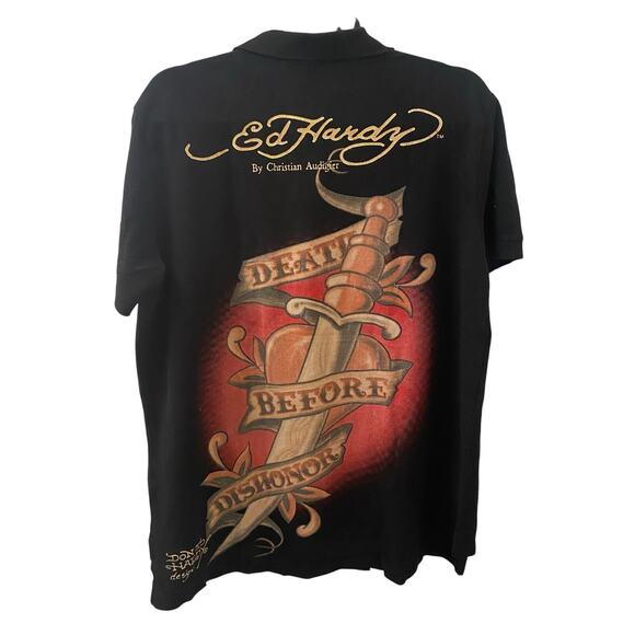 Y2K Ed Hardy Christain Audiger Distressed Black Print Polo Shirt Size Large - Picture 2 of 6